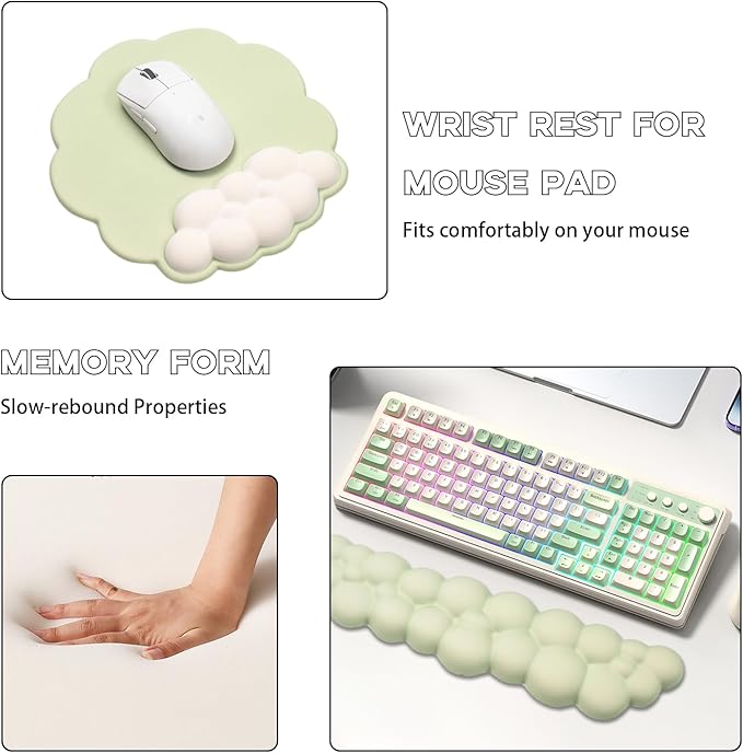 Ergonomic Mouse Pad and Keyboard Wrist Rest - Green Cloud Wrist Rest Keyboard with Mouse Wrist Pad Sets Soft Memory Foam Wrist Support for Laptop Mac Office Work Gaming