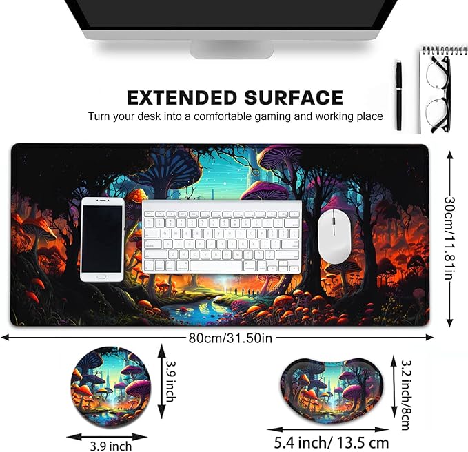 Large Mouse Pad with Mouse Wrist Rest 31.5x11.8 in Extended Mouse Mat with Non-Slip PU Base Ergonomic Memory Foam Wrist Rest for Work &amp Gaming Writing Pad Colorful Mushroom Forest Office Desk