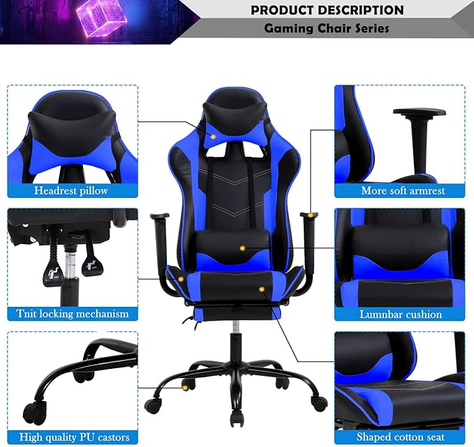 PC Computer Lumbar Support HeadrestHigh Back Racing Office Video Gaming Rolling Swivel Task Chair for Kids or AdultsBlue