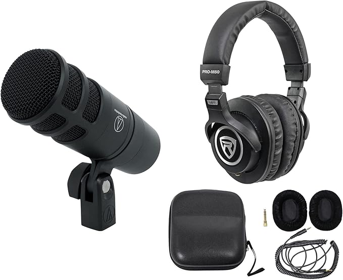 Audiosavings Bundle: Audio-Technica AT2040 Hypercardioid Dynamic Broadcast Podcast Microphone Bundle with Rockville PRO-M50 Studio Headphones with Detachable Coil Cable (2 Items)