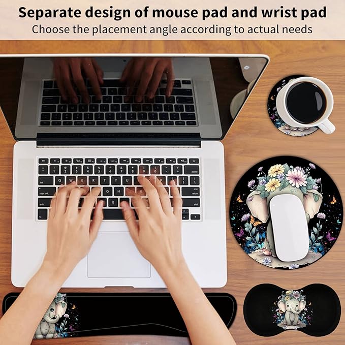 Mouse Pad + Keyboard Wrist Rest + Mouse Wrist Rest Support Set + Coaster Ergonomic Memory Foam Mouse and Keyboard Pad Set for Laptop Computer Office Home Working Gaming - Elephant Flower