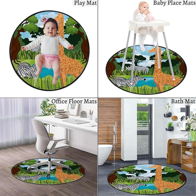 Multicolor Round Rug Nursery Rug for Bedroom Playroom Non Slip Educational Playmat Round Circle Carpet Animals in Fractal Display Vivid Colors Diameter 55 in