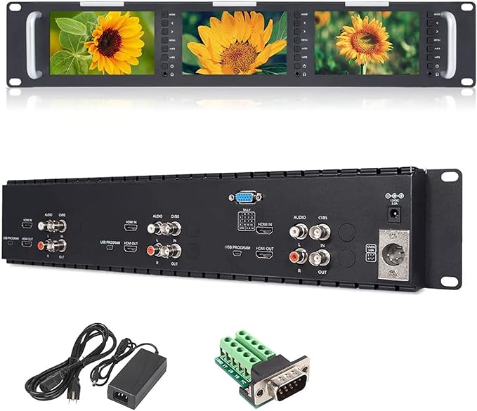 FEELWORLD T51-H Triple 5 inch 2 RU Rack Mount Monitor 800×480 Broadcast LCD Monitor with HDMI AV Input and Output