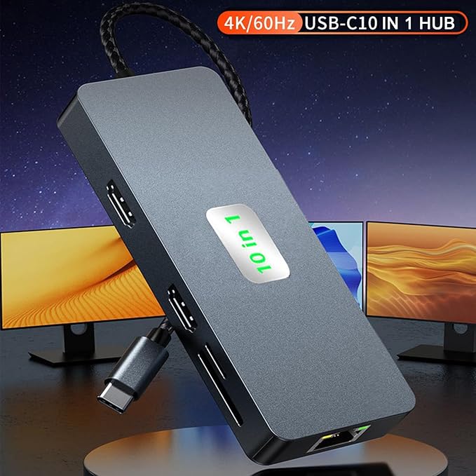 USB C to Dual Monitor DockingStation USB C to Dual HDMI(4K@60Hz) Multiport Adapter Thunderbolt 3 Hub (10 in 1 2HDMI 4K60Hz+ RJ45)