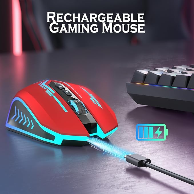 UHURU Gaming Mouse Wireless Gaming Mouse with 7 Buttons 7 Changeable LED Color up to 12000 DPI Rechargeable USB Gamer Mouse for PC Laptop (Red)