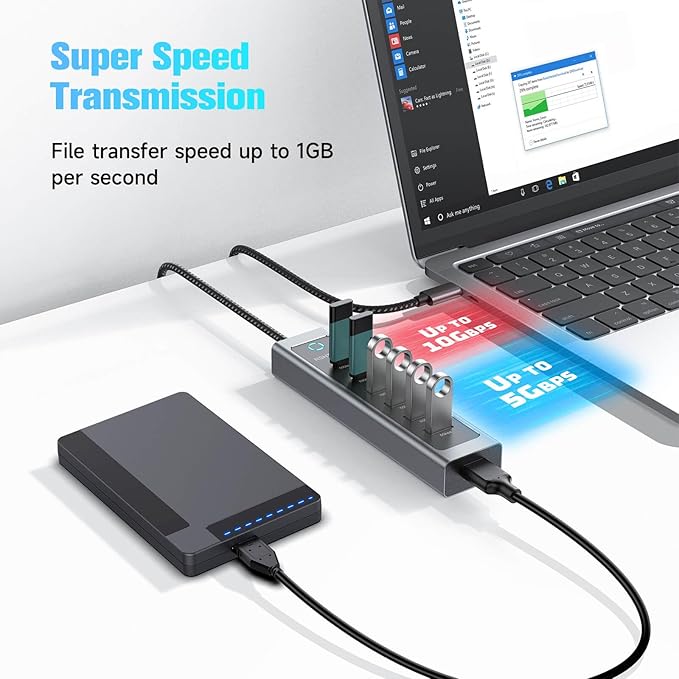 RSHTECH 7-Port USB C Hub Splitter 10Gbps with 3 USB-3.2 (2C + 1A) 4 USB-3.0 Ports and 2ft Long Cable Aluminum USB-C Hub Multiport Adapters for Laptop and More RSH-T17C