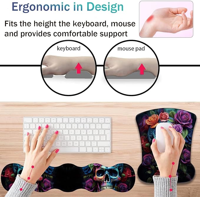 Ergonomic Keyboard Wrist Support Pad and Wrist Support Mouse Pad Anti-Slip with Gel Memory Mouse Pad Set Suitable for Office Use/Home Use - Colorful Rose Flower Skull