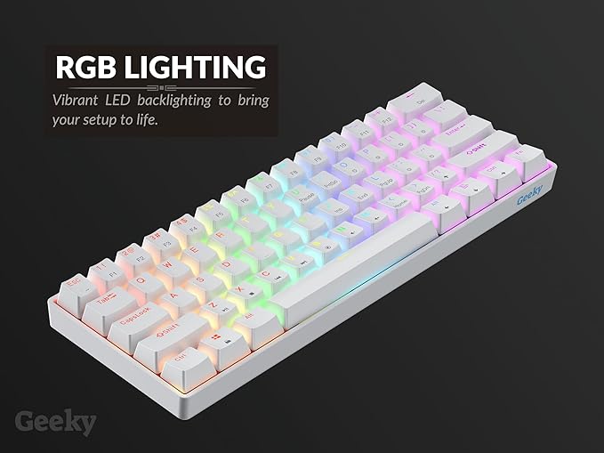 Geeky GK61 SE 60% | Mechanical Gaming Keyboard | 61 Keys Multi Color RGB LED Backlit for PC/Mac Gamer | ANSI US American Layout (White Mechanical Blue)