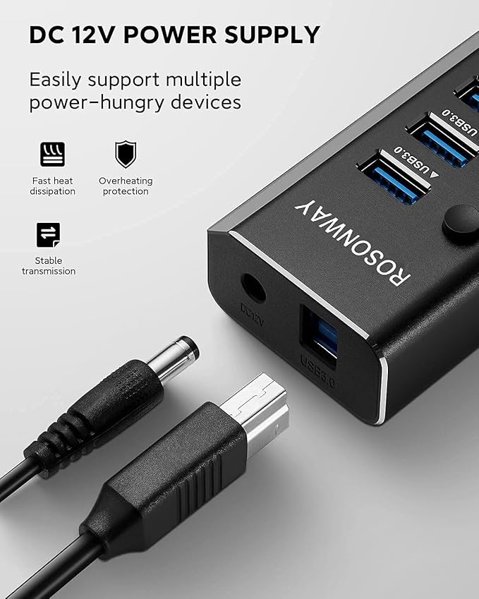 Powered USB Hub Rosonway Aluminum 10 Port USB 3.0 Data Hub with 36W (12V/3A) Power Adapter and Individual On/Off Switches USB Splitter(RSH-A10) (Pack of 2)