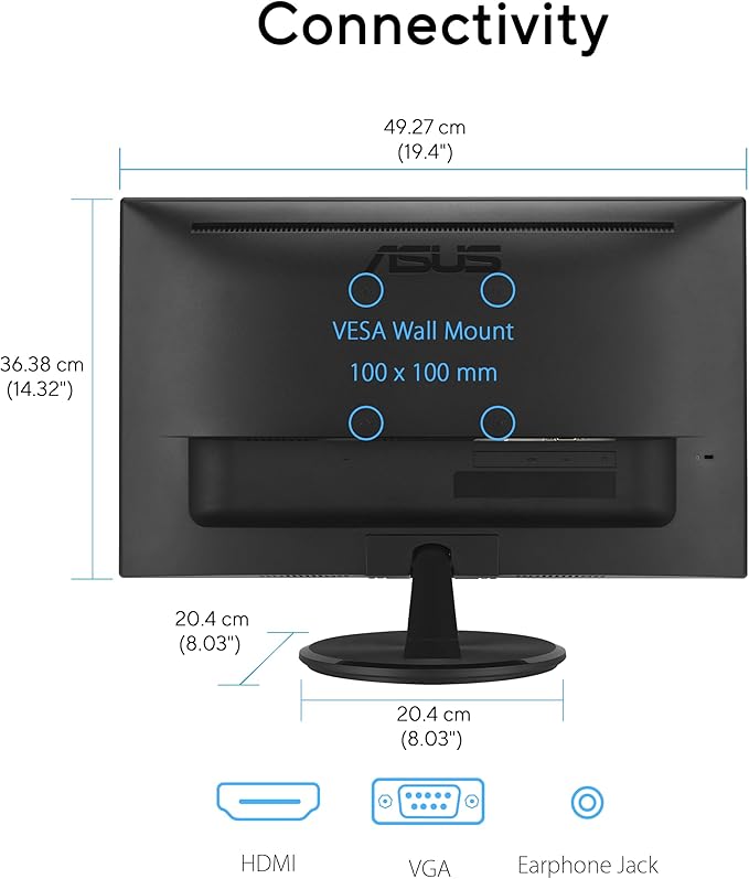 ASUS 22” 1080P Eye Care Monitor (VP227HF) - (21.45-inch viewable) Full HD 99% sRGB Frameless 100Hz Adaptive-Sync 1ms HDMI Low Blue Light Flicker Free VESA Wall Mountable 3 yr Warranty