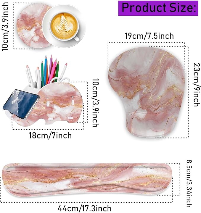 Keyboard Wrist Rest Pad Ergonomic Mouse Pad SetNon-Slip PU Base for Laptop Home Gaming OfficeMatching Elephant Pen Holder and Cup Coaster(Rose Gold Marble)