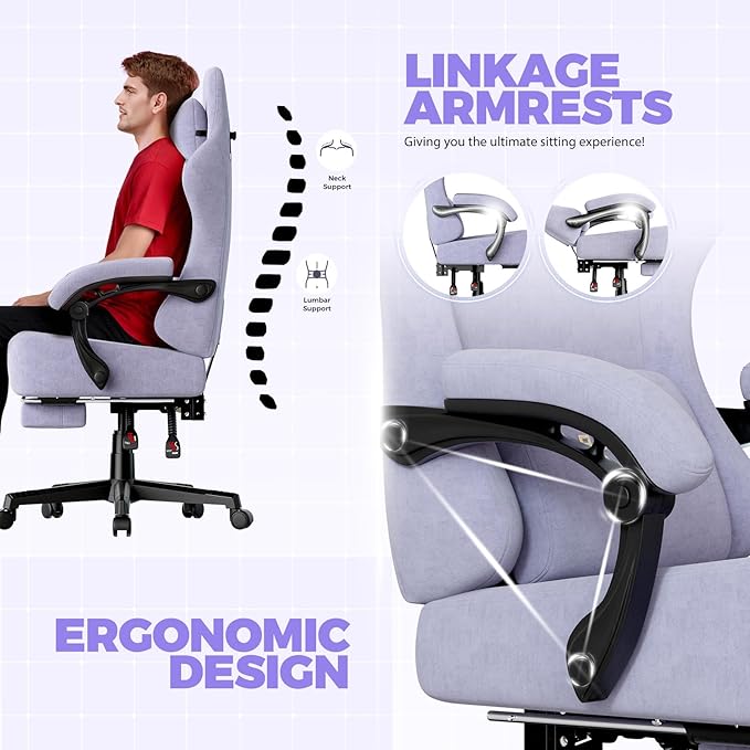 GTPLAYER Gaming Chair with Pocket Spring Cushion High Back Ergonomic Computer Chair with Footrest for Adults Lumbar Support Swivel Game Chair for Office Gaming 350LBS Fabric Macaron Purple