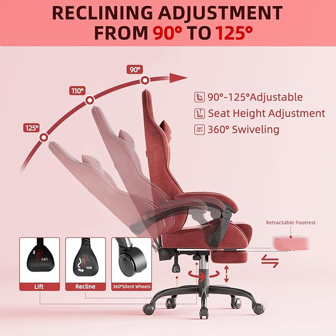 Ferghana Velvet Fabric Ergonomic Gaming Chair with Footrest and Massage Reclining Computer Gamer Chair for Adult and Teens Racing Style PC Home Office Video Game Chair (Red)