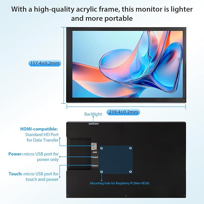 ELECROW 10.1 Inch Touchscreen Monitor 1280x800 IPS LCD HD Display with Stand Portable Capacitive Touch Screen for Raspberry Pi 3/3B+/4B/5 Jetson Nano Banana Pi PC Windows Beaglebone