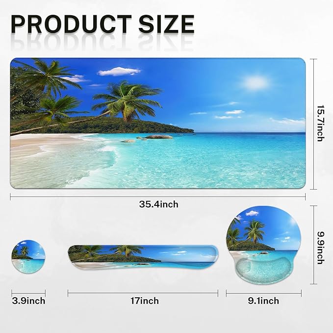 Arttown Tropical Sunshine Beach Desk Mat Summer Ocean Mouse Pad Set 4 in 1 Ergonomic Design Large Desk Pad + Keyboard Wrist Rest + Mouse Wrist Rest + Coaster Suitable for Home Office Study Game