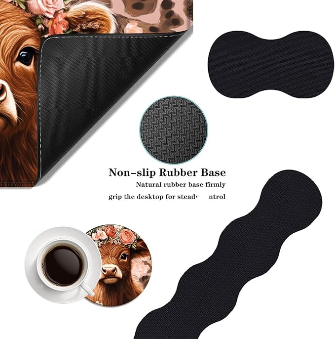 Mouse PadLarge Desk Mat Set 4in1 XL Mousepad + Keyboard Wrist Rest+Mouse Wrist Rest+Coaster with Ergonomic Desk Pad for Home Office Table Computer Cover -Highland Cow with Flower Crowns