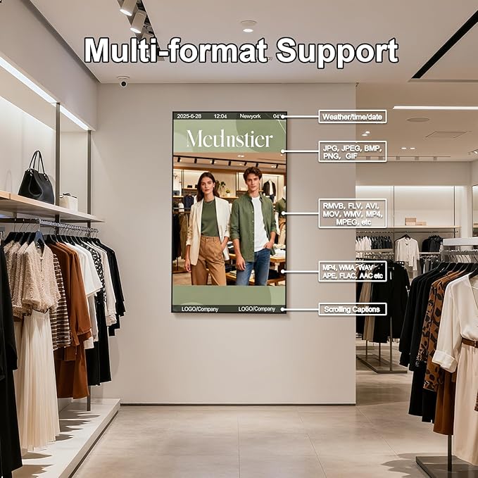43 Inch 4K Wall Mount Digital Signage 700nits High Brightness Slim Frameless Advertising Display Commerical Display LCD Monitor with CMS/U-Disk Plug&ampPlay Split Screen 7/24 Timer switchHDMI/US