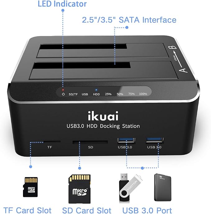SATA to USB 3.0 Dual Bay Hard Drive Dock for 2.5/3.5 SATA HDD SSD with Micro SD Card Reader 2 USB 3.0 Port Offline Clone Function External Hard Drive Docking Station 2X20TB and UASP Support