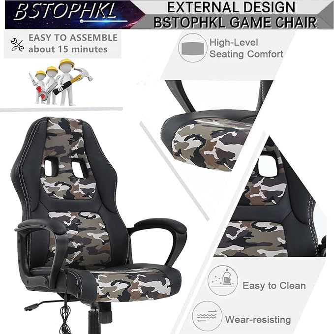 BSTOPHKL Gaming Chair Ergonomic Video Game Chairs High Back Computer Chair with Comfortable Cushion Armrests Lumbar Support Task Rolling Swivel Office Chair for Adults Teen CAMO