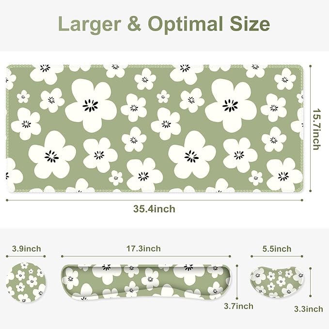 Large Gaming Mouse Pad Set 4 in1 Ergonomics Keyboard Desk Mat w/Memory Foam Wrist Rest Computer Extended Game Mousepad Non-Slip Desk Matt Pad Easy Typing Pain Relief I Green Lucky Florals