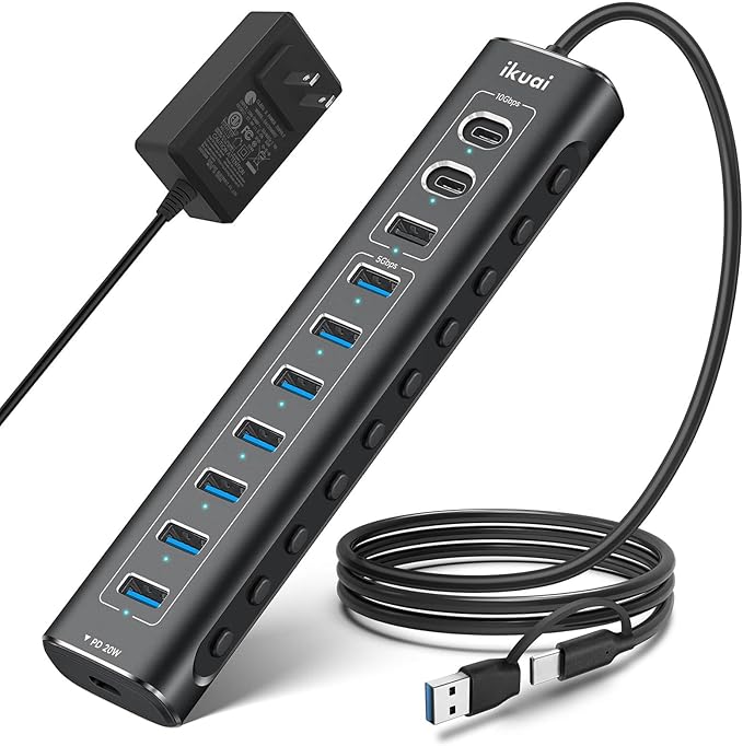 Powered USB Hub 11-Port ikuai Hybrid USB 3.2/ USB C Hub with PD Charging Port and 60W Power Adapter Aluminum USB Splitter Including 3 10Gbps Ports and 7 USB 3.0 Ports for PC Laptop and More