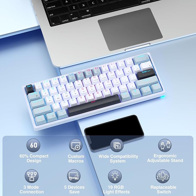 SOLAKAKA SK961 Wireless Mechanical Keyboard with RGB BacklightTri-Mode BT5.0/Wired/2.4GHz 60 Percent Wireless Gaming KeyboardRed Switch