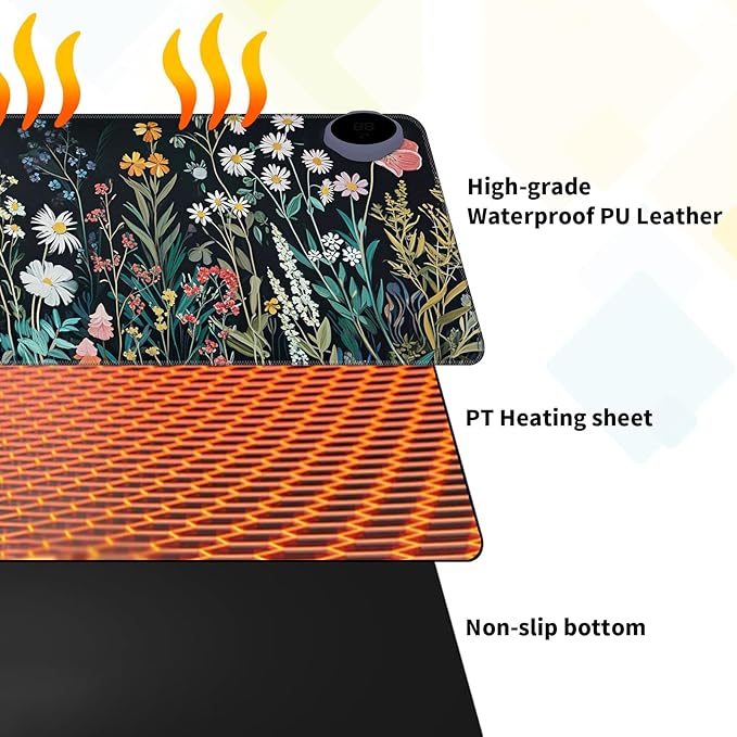 Warm Desk Pad Warm Mouse Pad Gaming Office Desk Matwith 3 Levels Heated &amp 3 Hours Auto Shut - 23.6 x 14.2 inch PU Leather Laptop Keyboard Mat for Home Office Hand WarmerCute Black Flower