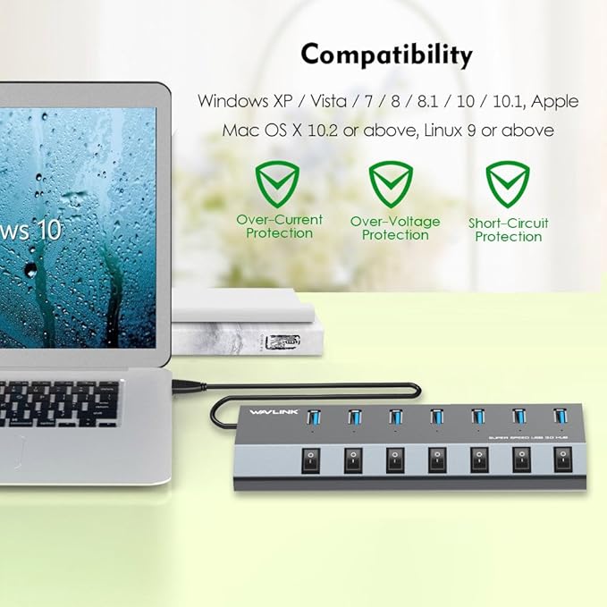 USB Hub 3.0 WAVLINK 7 Port Powered USB 3.0 hub 48W Charging 5V/2.4A Each Ports with Individual Switches LED Indicator USB Extension for Laptop MacBook iMac PC USB Flash Drives