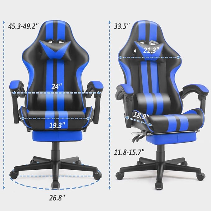 Racing Style PC Computer ChairComputer Gaming Chair E-Sports ChairErgonomic Office Chair with Height AdjustmentRetractable FootrestHeadrest and Massage Lumbar Support(Navy Blue)