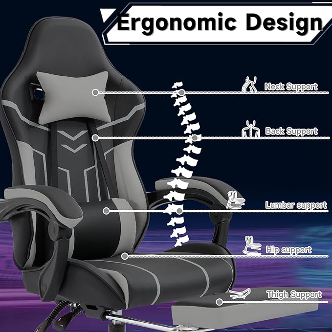 Gaming Chair with Headrest and Lumbar Support High Back Computer Office Desk Chair with Footrest 360° Swivel Height Adjustable Recliner Game Chair (Gray Black)