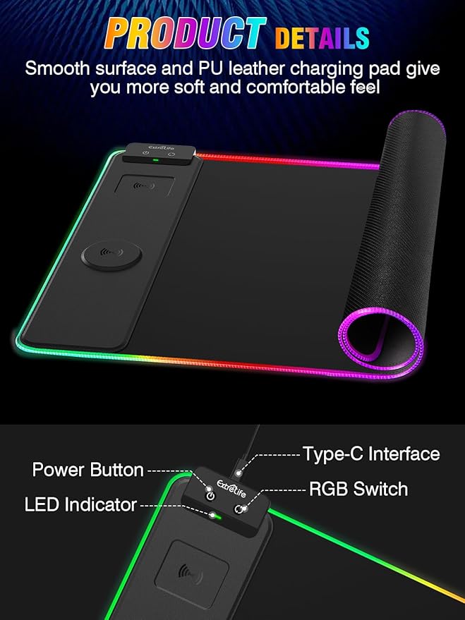 Wireless Charging Mouse Pad 15W RGB Gaming Mouse Pad with Wireless Charger for iPhone/Airpods 31.5x15.7 XXL Large Desk Mat 13 Light Modes Magnetic Charging Waterproof Desk Pad for Gamer Black