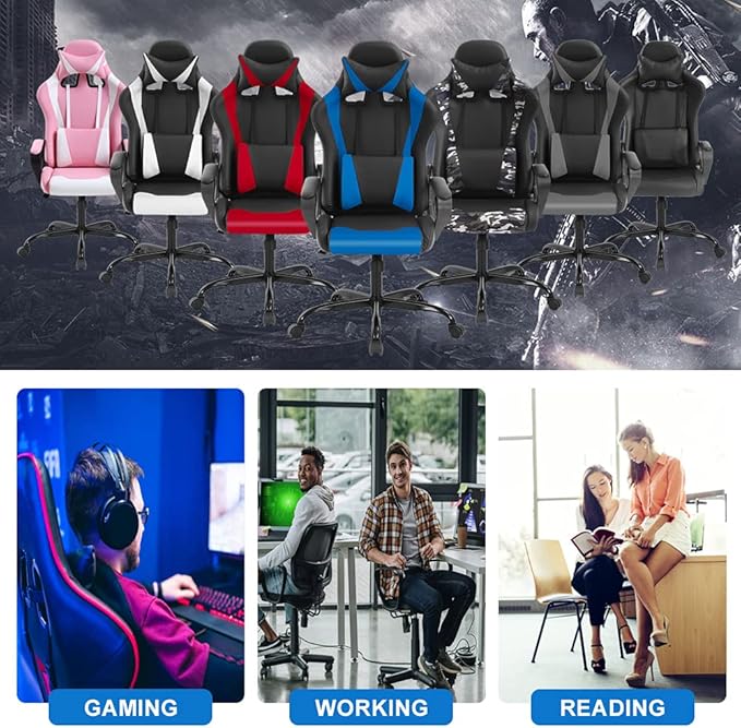 PC Gaming Chair Office Chair Racing Desk Chair with Lumbar Support Arms Headrest Massage High Back PU Leather Ergonomic Computer Chair Rolling Adjustable Swivel Chair for Women Men Adult Blue