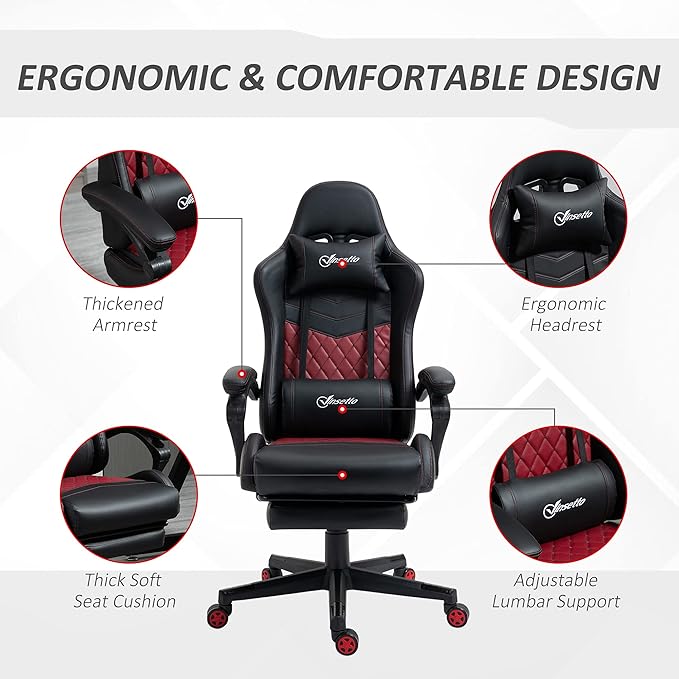 Black Racing Gaming Chair Diamond with Footrest Headrest and Lumbar Support PU Leather Office Gamer Chair High Back Swivel Recliner Adjustable Height for Office or Gaming