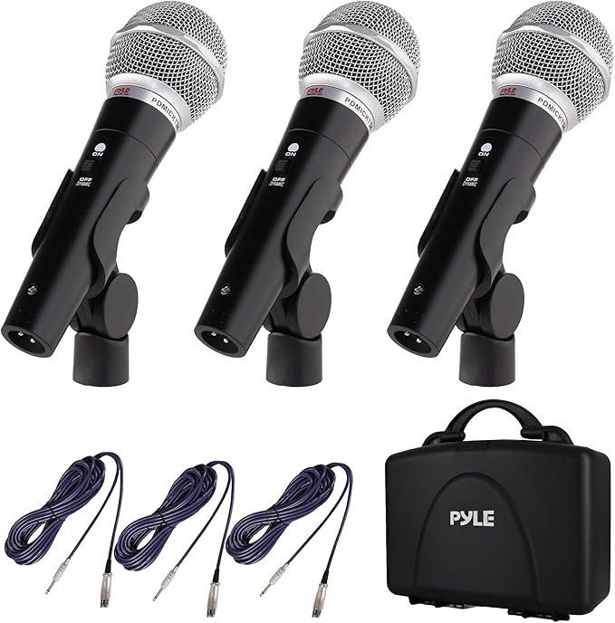 Pyle 3 Piece Professional Dynamic Microphone Kit Cardioid Unidirectional Vocal Handheld MIC with Hard Carry Case &amp Bag Holder/Clip &amp 26ft XLR Audio Cable to 1/4'' Audio Connection (PDMICKT34)