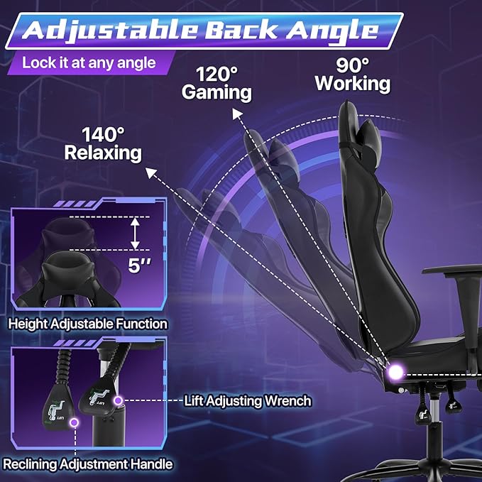 Gaming Chair for Adults - 250lbs Capacity Video Game Chair with Footrest &amp Lumbar Support Ergonomic 360° Swivel Height Adjustable Office Gamer Chair Heavy-Duty PU Leather (Black)