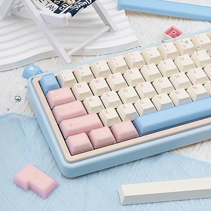 PBT Keycaps Cute Custom Keyboard Pink Keycaps 60 75 100% Double Shot 164 Keys Transparent Set for Cherry Gateron MX Switches Pink White Blue