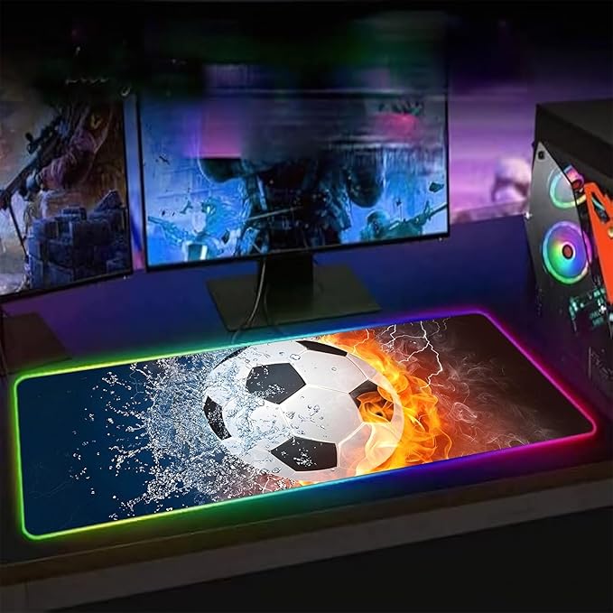 XL RGB Gaming Mouse Pad with 14 Light Modes - Light Up Gamer Mouse Pad31.5 x 11.8in Non-Slip Soccer Style Fire&ampWater Led Large Gamer MousepadBlack Long Glowing Gaming Accessories for DeskWaterp