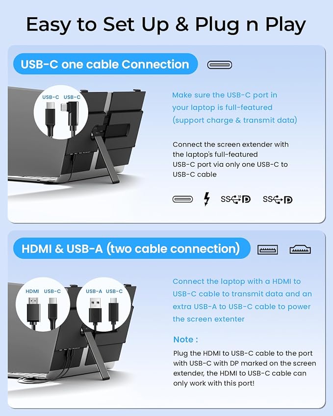Laptop Screen Extender 14 Ultra-Slim &amp Lightweight Portable Monitor for 13-17 Laptops 1080P FHD Dual Monitor One Cable Connection Compatible with Wins/Mac/Android/Linux/Chrome (Grey)