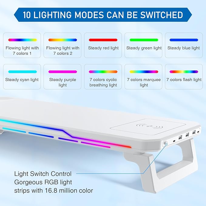 Monitor Stand with Usb Hub (3.0 &amp Type-C) and 15W Fast Wireless ChargingMonitor Riser with Usb C Ports for PC iMac (27 inches) Vibrant RGB Lighting Desk Organizer for Office/Home (White)
