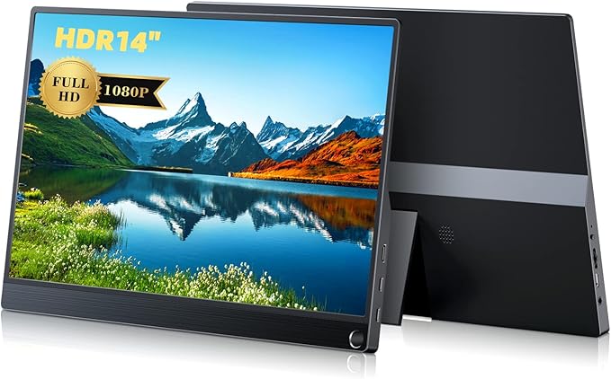Portable Monitor 1080P FHD 14 IPS Monitors Screen with Type-C/USB C/HDMI Dual Built-in Speaker Eye Care Gaming Portable Monitor Second Screen for Laptop/PC/Mac/Phone/Computer