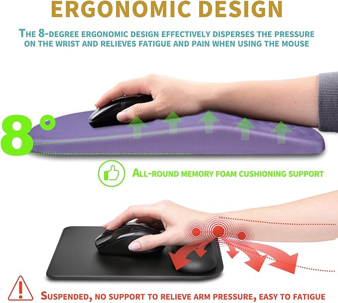 Hokafenle Ergonomic Mouse Pad Wrist Support with Massage Design Wrist Rest Pain Relief Mousepad with Memory Foam&ampNon-Slip PU Base Mouse Pads for Wireless Mouse &amp Desk (12x8 inchLavender)