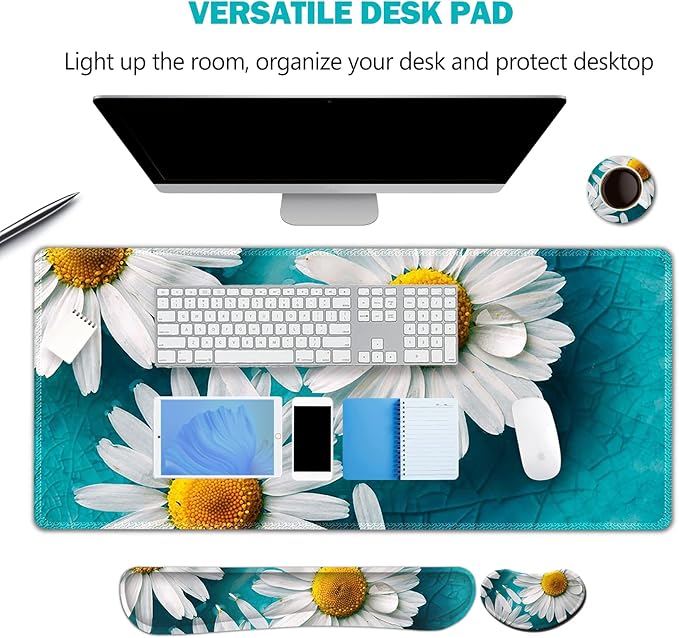 ARTSO Large Gaming Mouse Pad Set Keyboard Wrist Rest Support + Mouse Wrist Cushion + Extended Mousepad + Coaster 35x15.5in Multifunctional Desk Mat 4pcs Cute Daisy