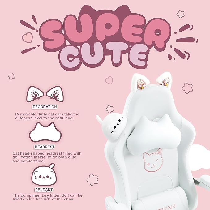 Dowinx Gaming Chair Cute with Cat Ears and Massage Lumbar Support Ergonomic Computer Chair for Girl with Footrest and Headrest Comfortable Reclining Game Chair 290lbs for Adult Teen White