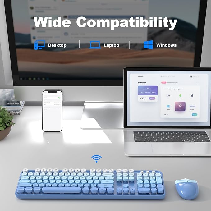 Wireless Keyboard and Mouse Combo MOWUX Full Size Typewriter Retro Round Computer Keyboard Cute Optical Mouse Wireless Plug and Play for Laptop PC Computer-Blue Gradient