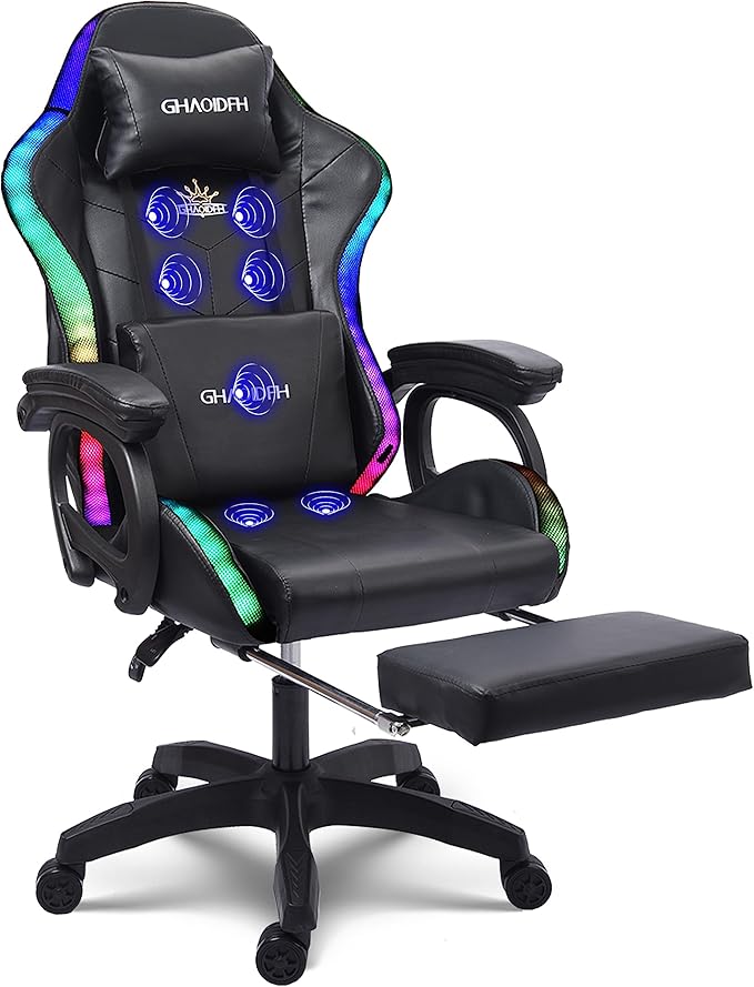 TBQATNTS Video Gaming Chair with Speaker and RBG Light Ergonomic Computer Chair with Massage Function Comfortable Computer Recliner with Footrest and Lumbar SupportGaming Chair for Adults Kids.Bla