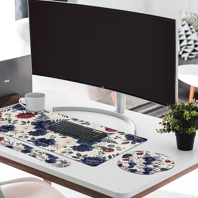 Britimes Navy Blue Florals Keyboard Mouse Pad Set Red Peony Florals Boho 4in1 Large Mousepad+Keyboard Wrist Rest+Mouse Wrist Rest+Coaster Ergonomic Design for Home Office Computer 35.4x15.7 inches