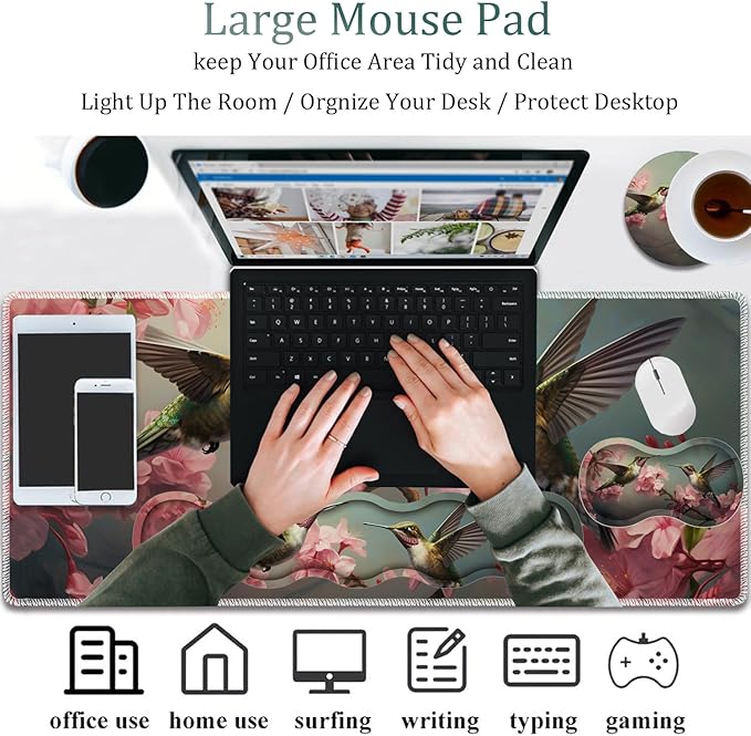 4 in 1 Mouse Pad Combo Large Gaming Mouse Pad + Keyboard Wrist Support + Mouse Wrist Rest + Coaster Table Pad 31.5 x 11.8 with Memory Foam Ergonomic Wrist Pad Set Hummingbird Flowers