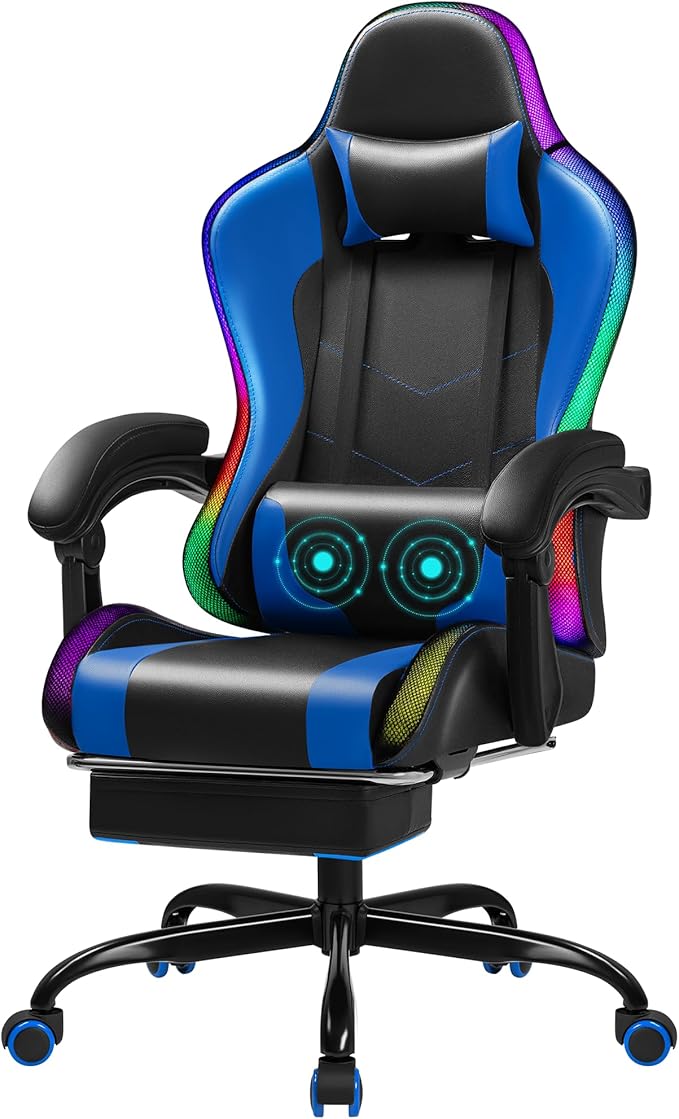 Gaming Chair with RGB Computer Gaming Chairs with LED Lights and Footrest for Home Office Blue and Black