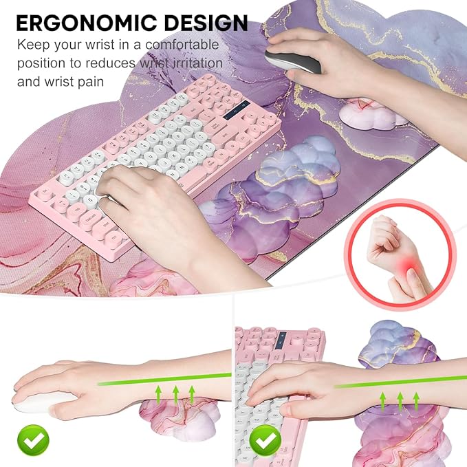 JIKIOU Large Cloud Mouse Pad Waterproof with Cloud Keyboard Wrist Pad and Cloud Mouse Wrist Pad Set Ergonomic Computer Desk Wrist Support Mousepad for Keyboard and Mouse 35.4x15.7in Marble Pink