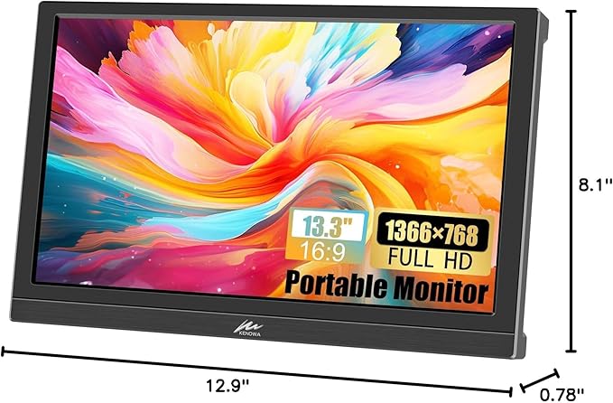 Kenowa Portable Monitor 13.3 Inch HD 1366x768P LED Screen Small HDMI Monitor Built-in Speaker and Adjustable Stand HDMI VGA Port External Display for Laptop PC Mac Xbox PS4/5